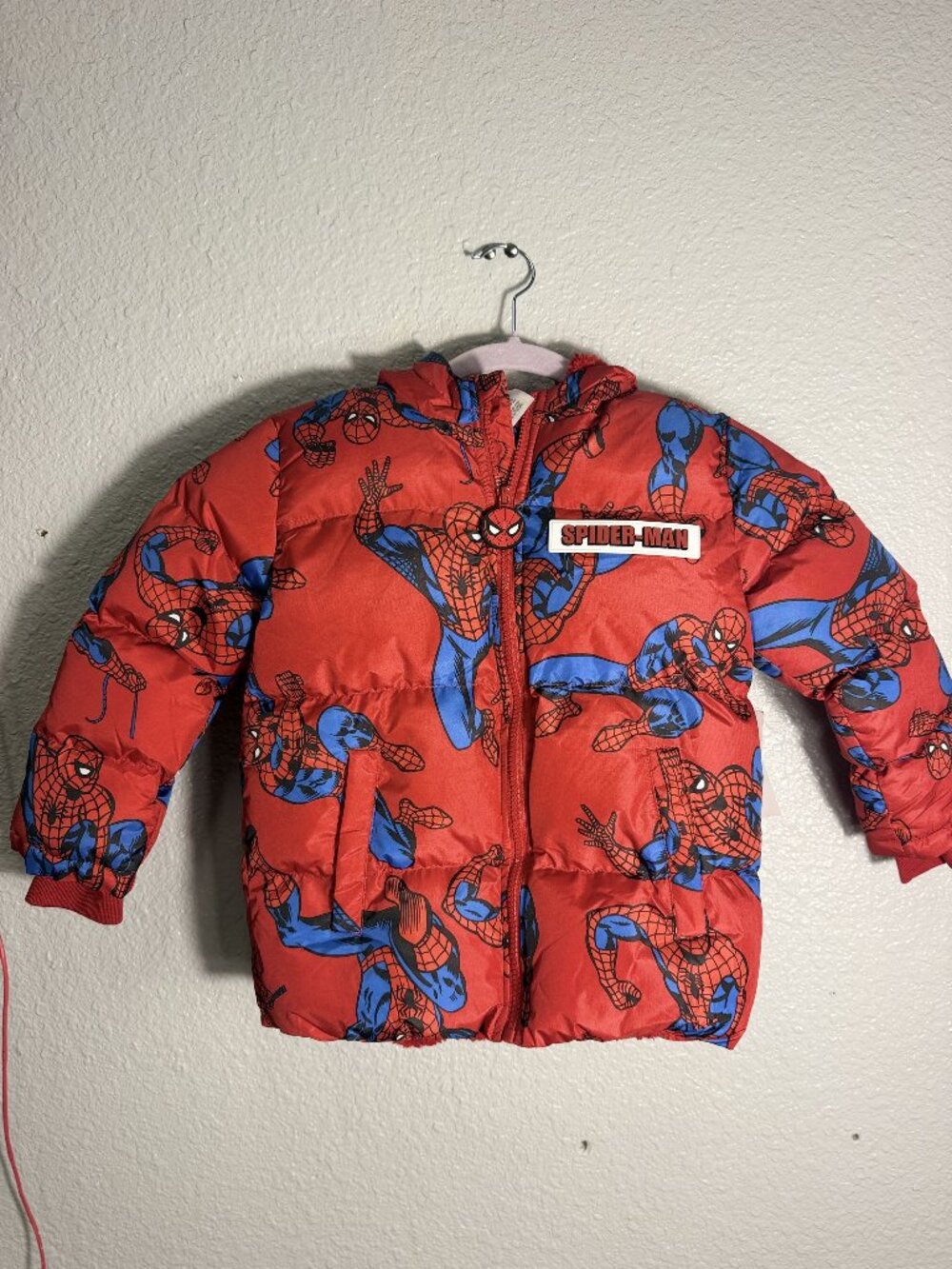 Marvel Spider-Man Hooded Puffer Jacket Sherpa Lined Red Boys Small 6/7 NWT